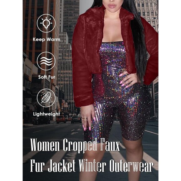 Women's Winter Faux Fur Long Sleeve Jacket Shaggy Open Front Cardigan Wine Red - Picture 6 of 7